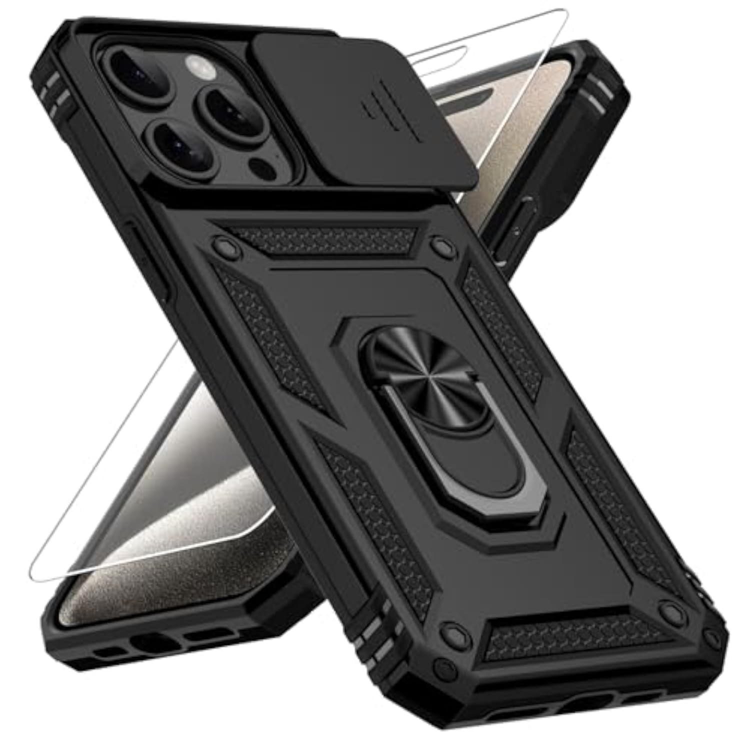 iPhone 15 Pro Case with HD Screen Protector and Magnetic Rotated Ring Holder Kickstand - Black