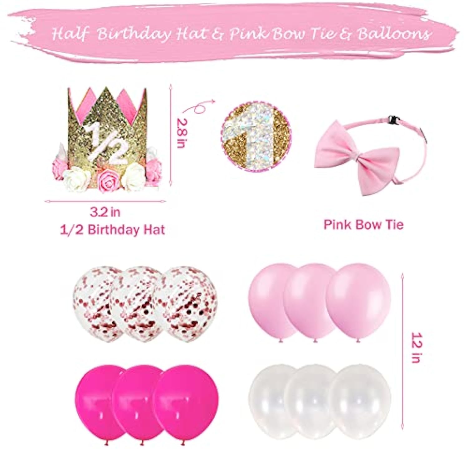Half Birthday Decorations Baby Girl, 12 Birthday Decorations Supplies, 6 Months Birthday Decorations, Pink Rose Gold Glitter Half Birthday Banner With Triangle Flag Banner, 12 Birthday Hat