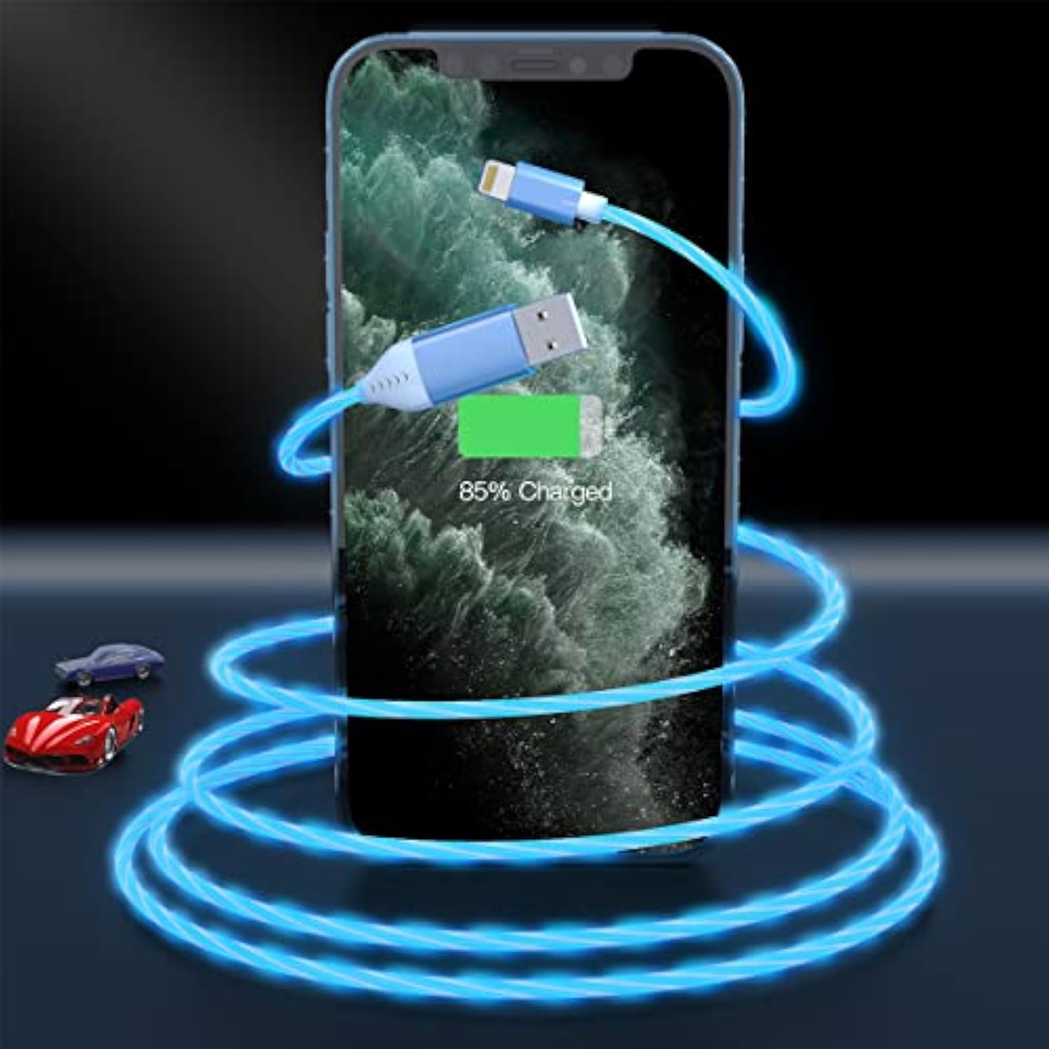 2M/6Ft Flowing Led Light Up Lightning Charge Cable,Glowing Apple Charger Adapter Sync Data Connector Cord For Car With Iphone 13/12 Pro Max /11 Pro/Xr/Xs Max/X/8 7 Se 2020,Ipad/Ipod (Blue)