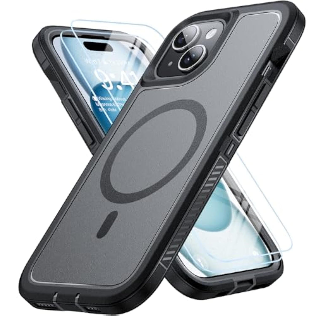 Magnetic For Iphone 15 Case With 2 Glass Screen Protectors, Compatible With Magsafe, Military-Grade Protection, Hard Protective Cover Shockproof Phone Case For Iphone 15, 6.1 Inch, Black