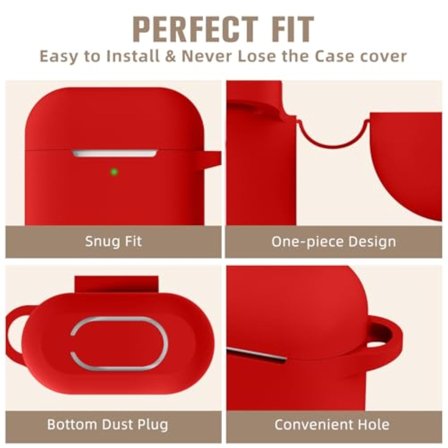 Soft Silicone Protective Skin for AirPods with Keychain Accessories, Compatible with AirPods Case Cover, Front LED Visible, Red