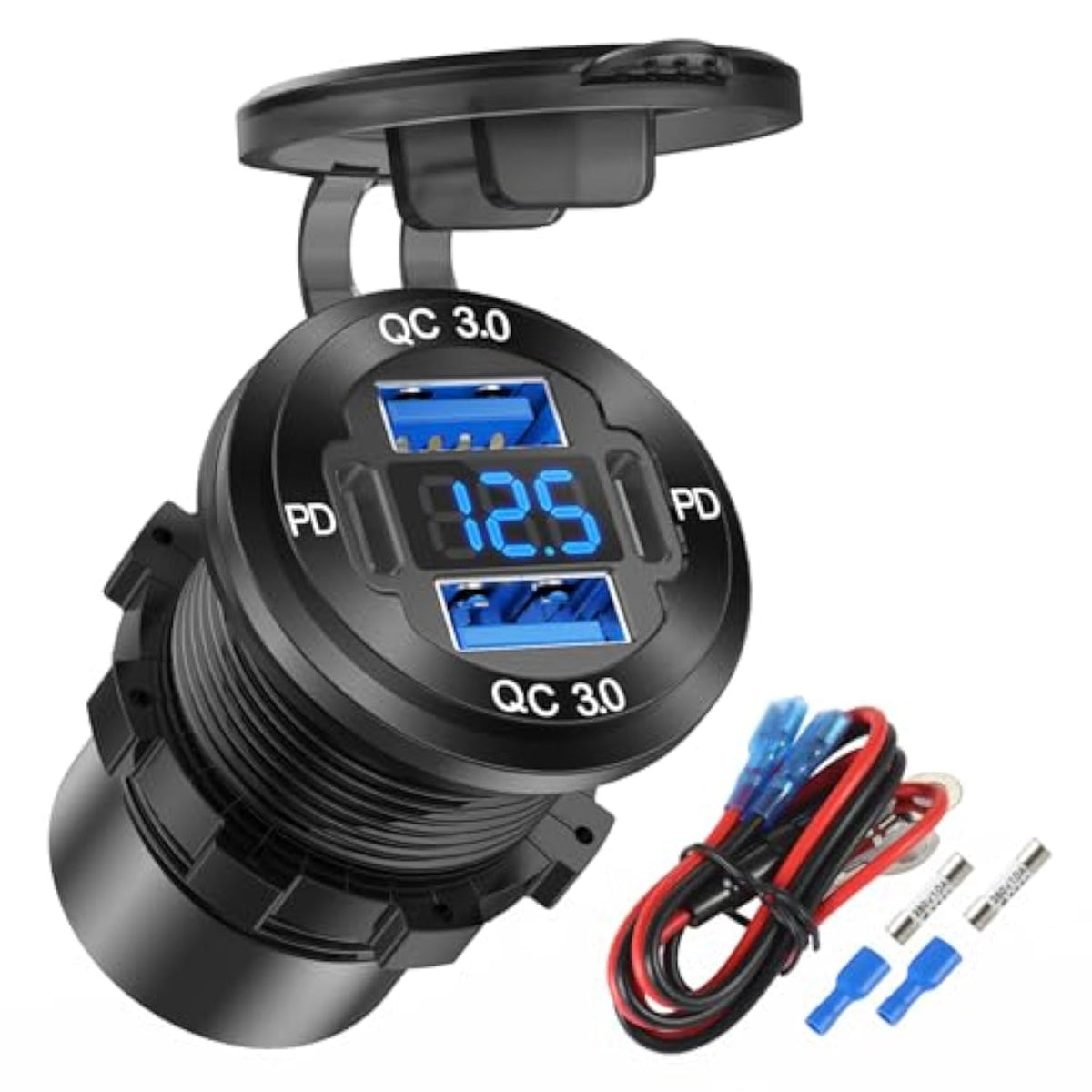 Upgraded 4 Port 12V Usb Outlet Aluminum Charger, 78W Dual Pd & Qc Multiple Usb Port For Car, Usb C Cigarette Lighter Replacement 12 Volt Socket With Voltmeter Waterproof For Marine Boat Motorcycle Rv