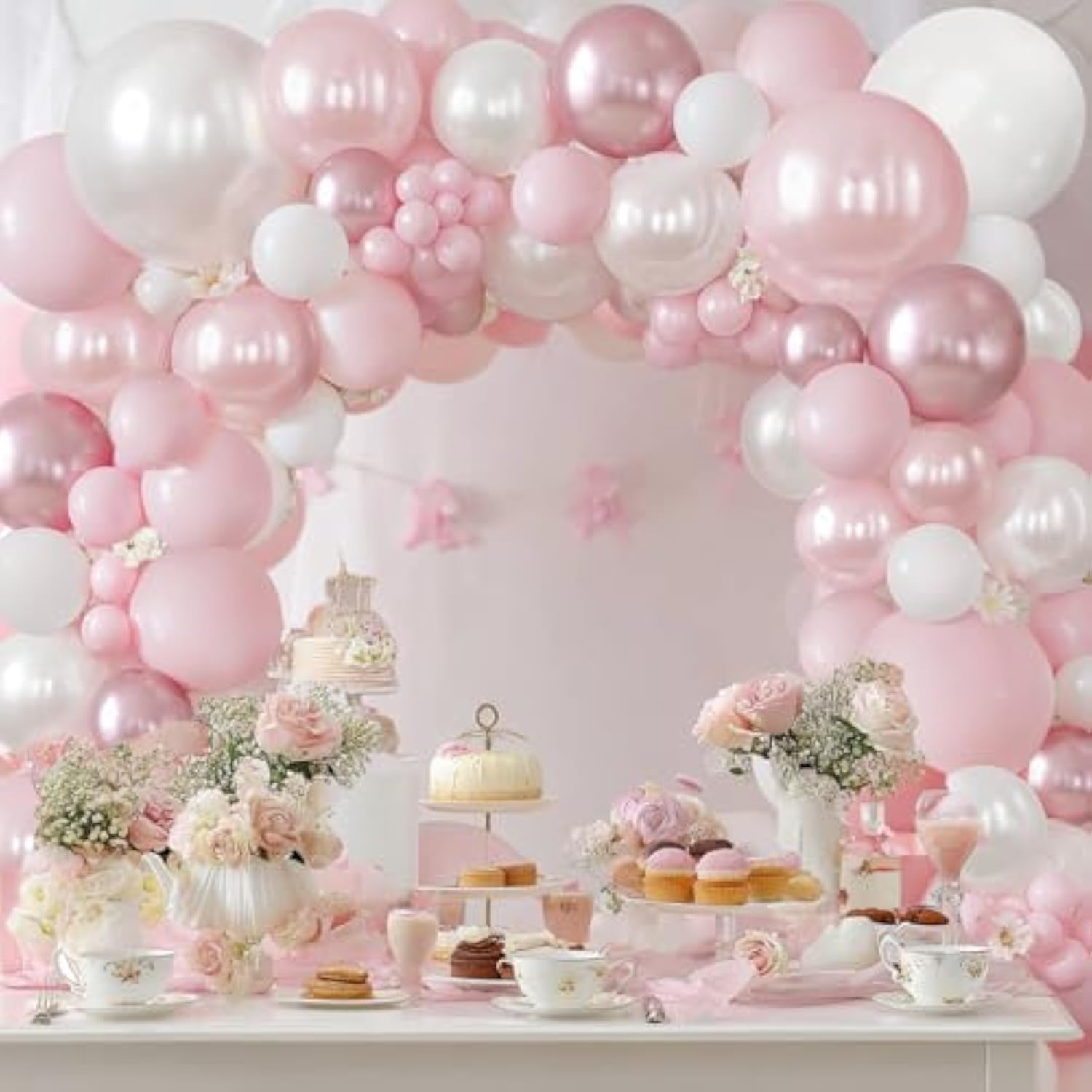 Pink And White Balloons Arch Kit, Double Stuffed Pastel Pink Balloon Garland Include Light Pearl Pink White And Metallic Pink Balloons For Coquette Wedding Birthday Party Bridal Shower Decorations