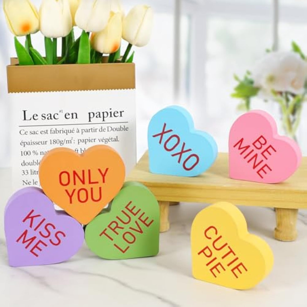 Valentines Day Decor - 6Pcs Double-Sided Wooden Valentine'S Conversation Hearts For Tiered Tray Shelf Mantel Decor - Freestanding Xoxo Kiss Me Valentines Day Decorations