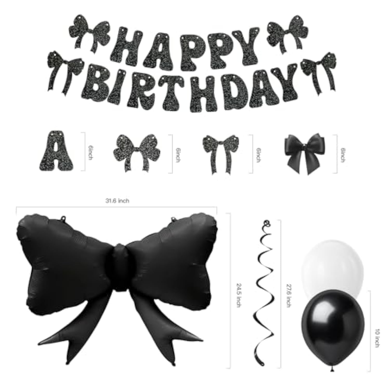 Black Bow Party Decorations, Coquette Birthday Decorations Includes Happy Birthday Banner,Hanging Swirl, Foil Balloon,Black White Latex Balloons,Bow Party Decorations