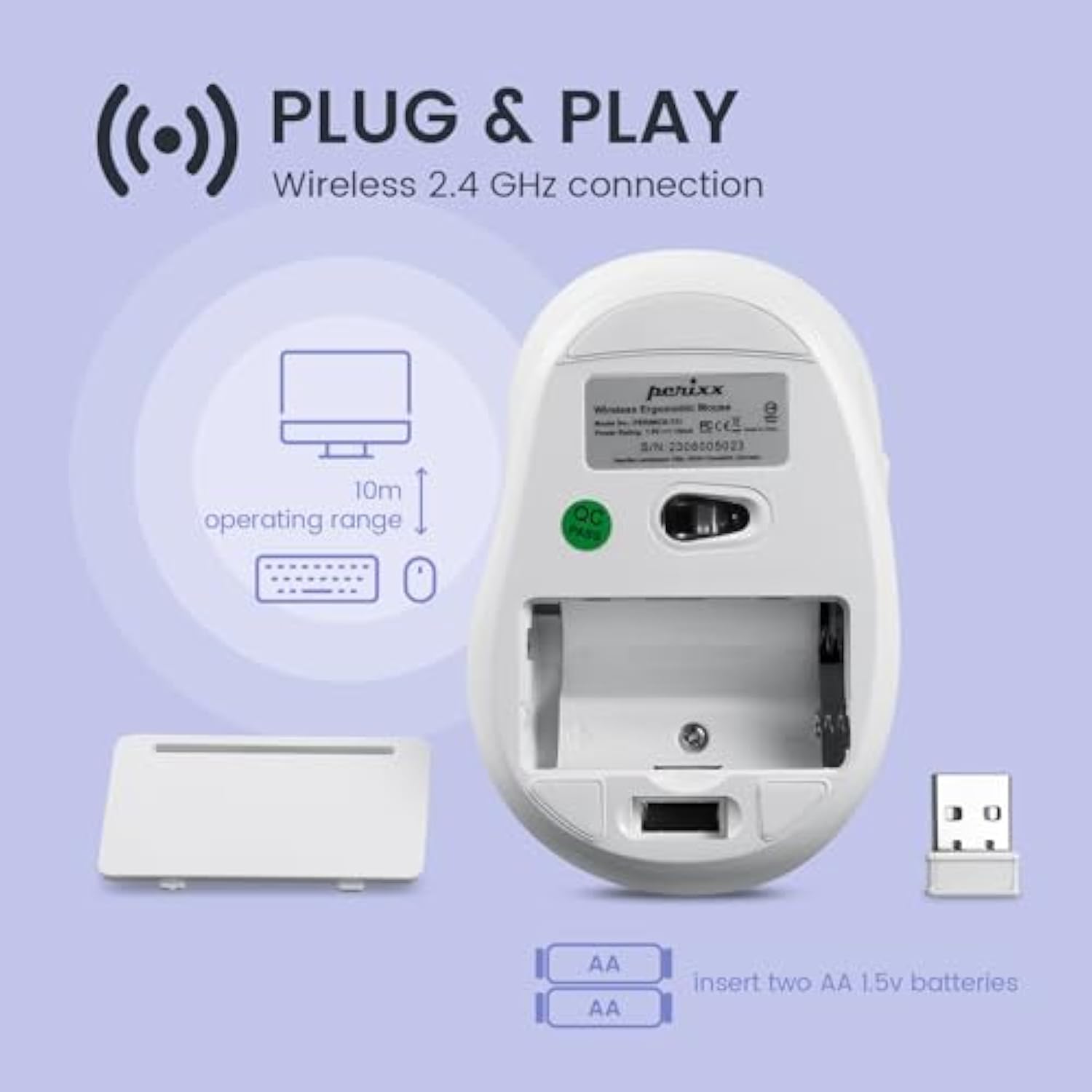 Perixx PERIMICE-721SW Wireless Ergonomic Mouse - 5 Button Optical Design - Silent Clicks - Compatible for Desktop and Laptop PC - Wireless 2.4 GHz - Silver White