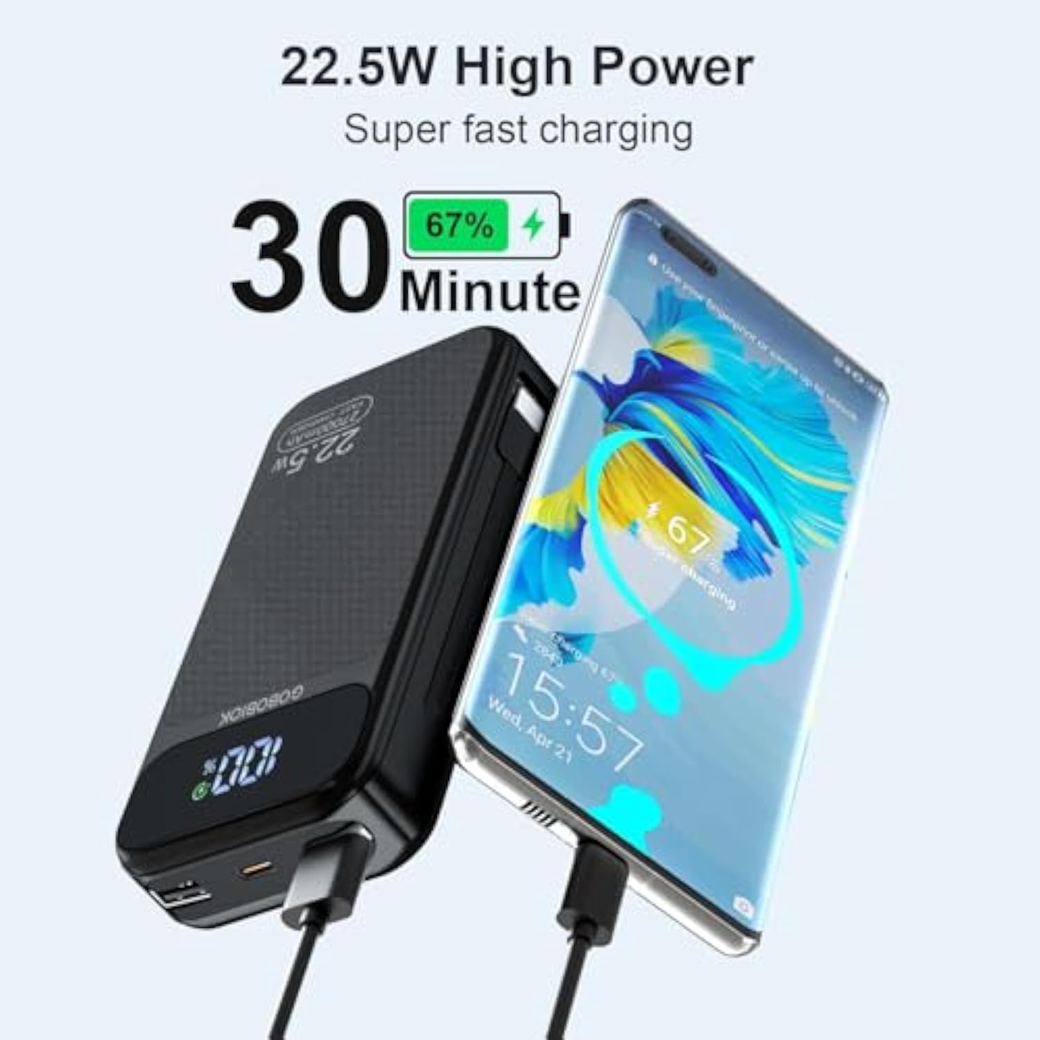 Power Bank 27000Mah Fast Charging Built-In 2 Cables, 22.5W Portable Charger, Portable Usb C Power Bank Battery Pack With Lcd Display Powerbank For Smartphones Tablets And More