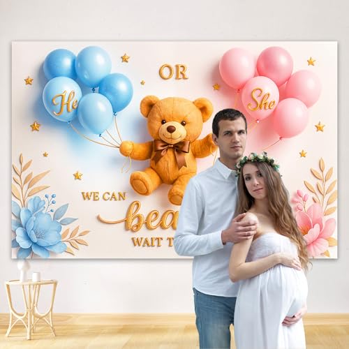 Boho Bear Gender Reveal Banner Backdrop 5.9×3.6Ft He or She Banner