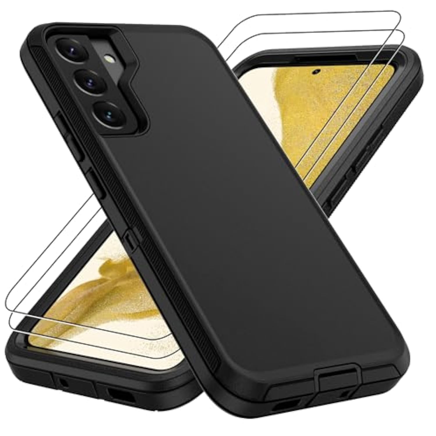 For Samsung Galaxy S22 Case,Galaxy S22 Case With 2Pcs Hd Screen Protector,14 Ft Drop Protection Military Grade 3 In 1 Shockproof/Dustproof/Drop Proof Military Grade Protective Cover For S22 6.1 Black