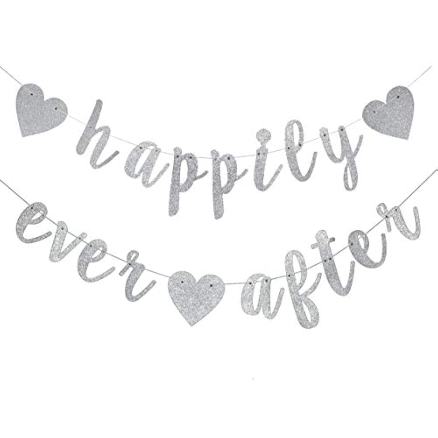 Happily Ever After Silver Glitter Bunting Banner, Engagement, Bridal Shower, Wedding Party Photo Booth Props Signs,Pre-Strung Cursive Bunting