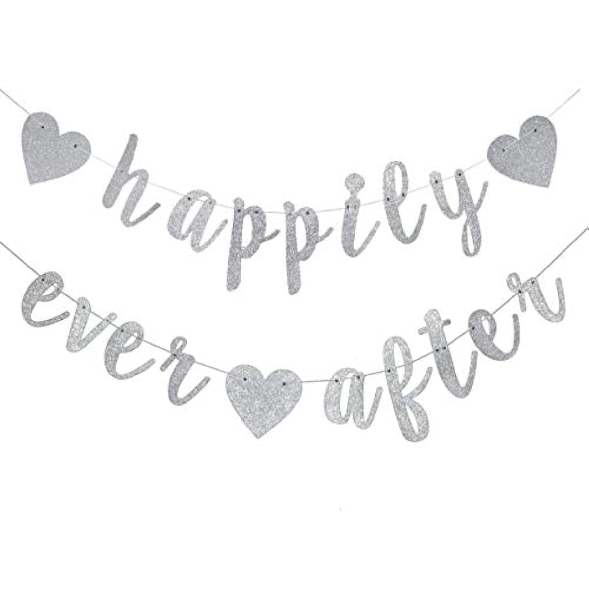 Happily Ever After Silver Glitter Bunting Banner, Engagement, Bridal Shower, Wedding Party Photo Booth Props Signs,Pre-Strung Cursive Bunting
