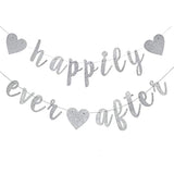 Happily Ever After Silver Glitter Bunting Banner, Engagement, Bridal Shower, Wedding Party Photo Booth Props Signs,Pre-Strung Cursive Bunting