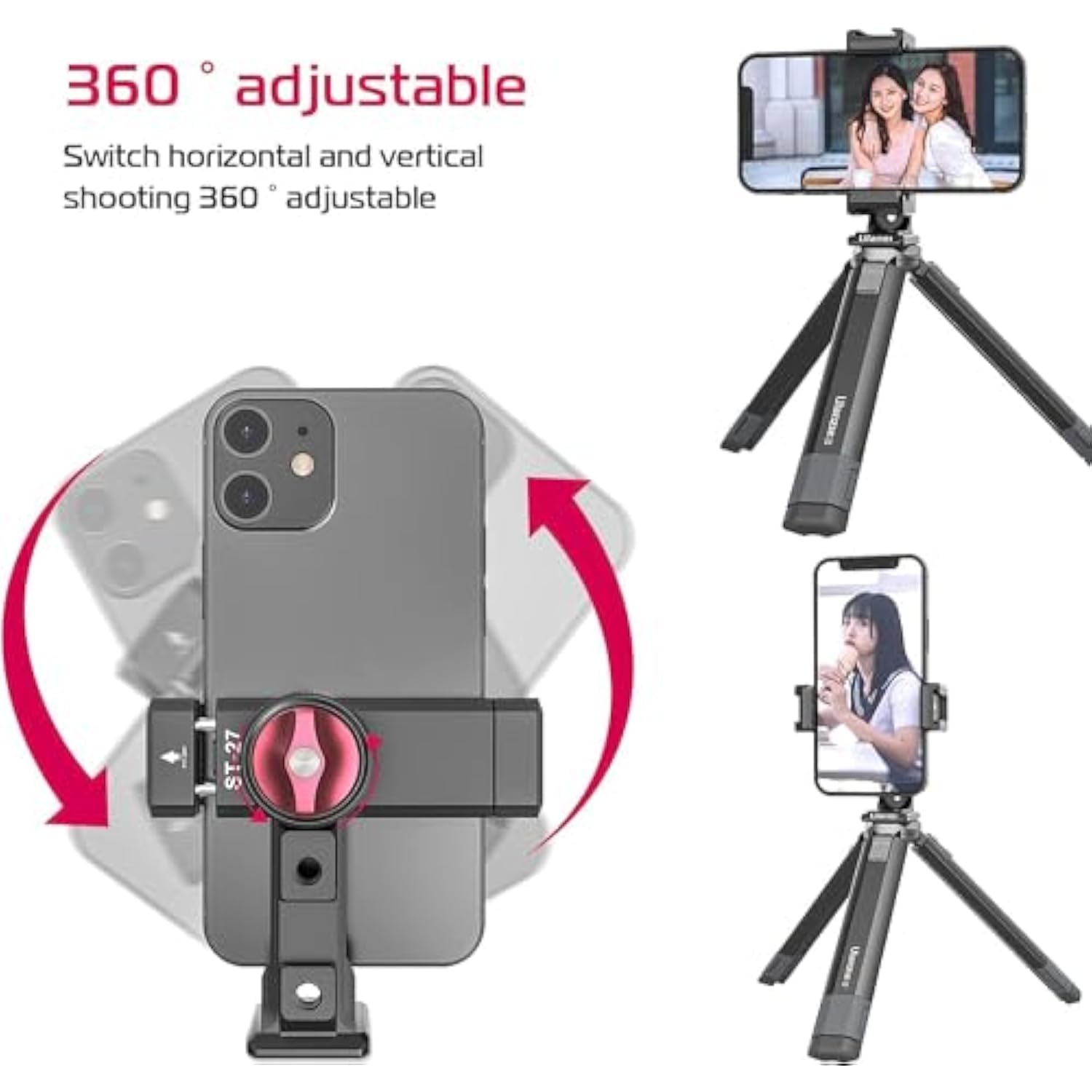 Metal Phone Tripod Mount 3 Cold Shoes & Arca Port, 360° Smartphone Tripod Adapter For Iphone Samsung Cell Phone Stand Holder For Desktop Tripod Video Live Streaming Vlogging Rig
