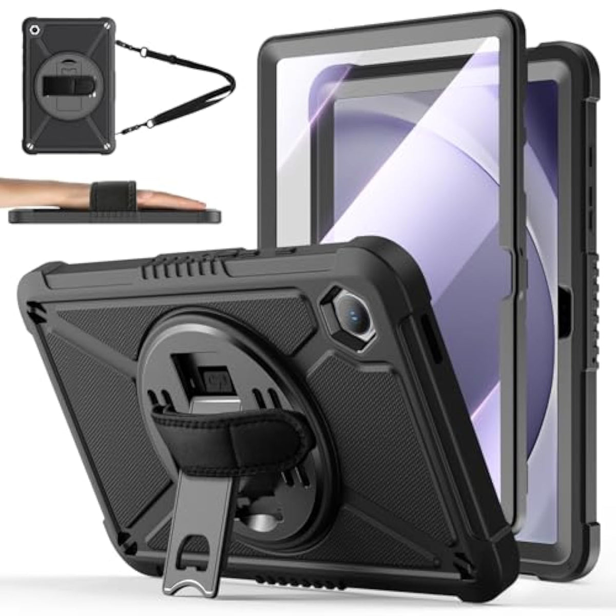 For Samsung Galaxy Tab A9+ / A9 Plus 11'' 2023 (Smx210/X216/X218), Shockproof Hard Duty Case With Screen Protector+360 Rotating Hand Strap&Stand+Shoulder Strap For Tab A9+ Tablet, Black