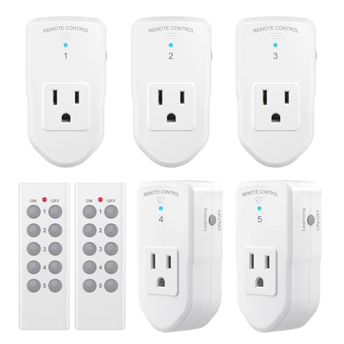 Wireless Remote Control Outlet Electrical Switch For Lights, Fans, Christmas Lights, Small Appliance, 100Ft Long Range White (Learning Code, 5Rx-2Tx) 1200W/10A, Etl & Fcc Certified