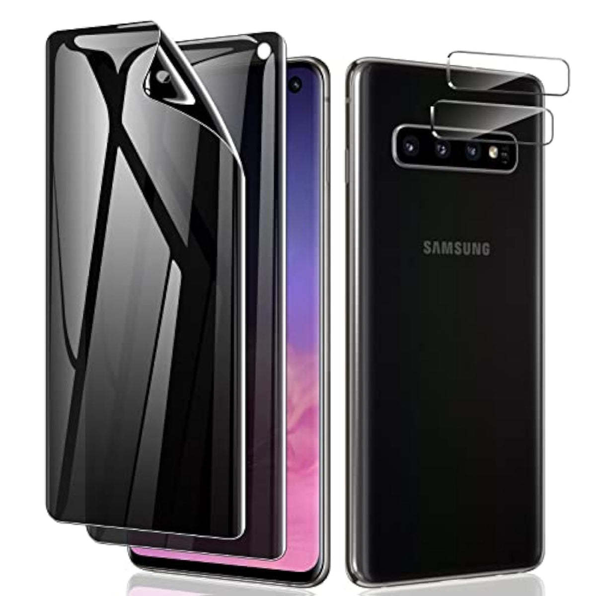 [2+2 Pack] For Samsung Galaxy S10 Privacy Screen Protector [Support Fingerprint Id] Anti-Spy Full Adhesive Flexible Film + Camera Lens Glass Protector For Galaxy S10 6.1”