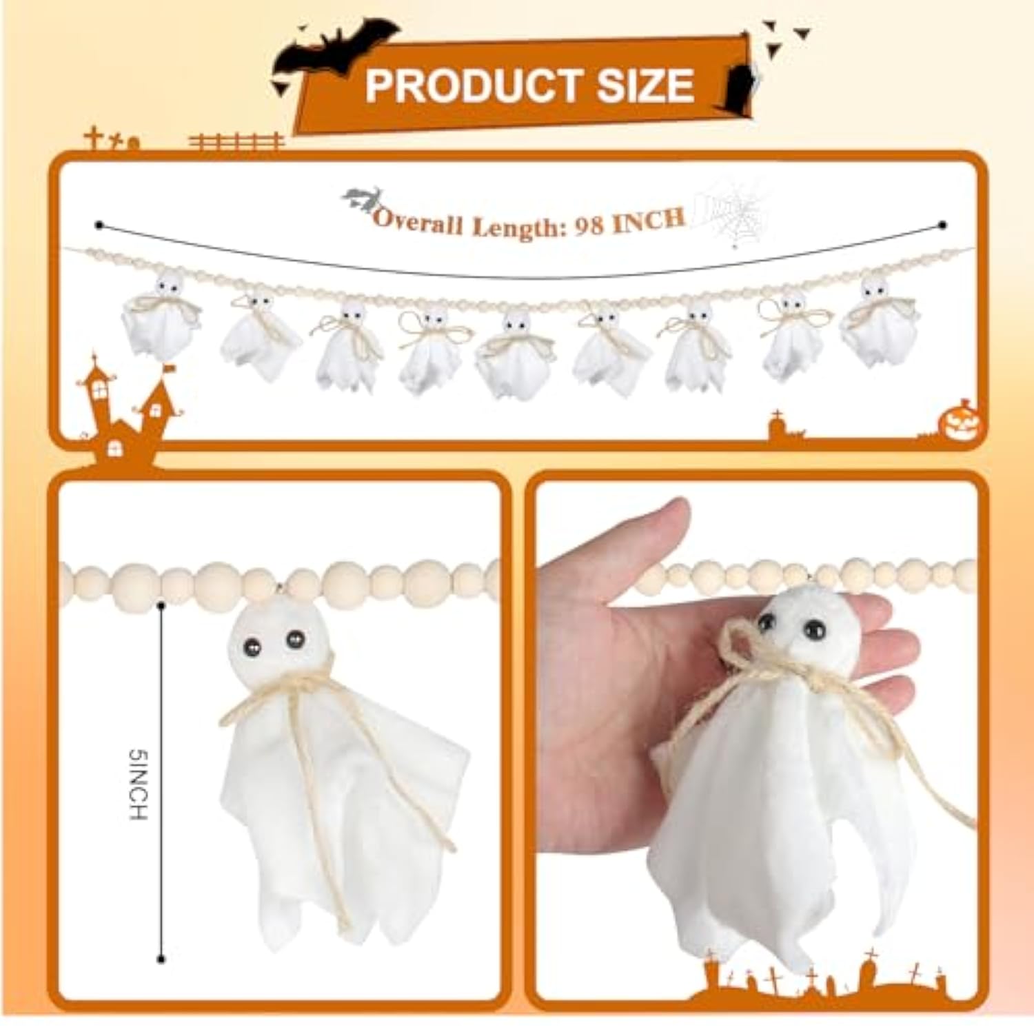 8ft Halloween Banner Garland with White Ghosts and Wooden Beads Rustic Handmade Decor