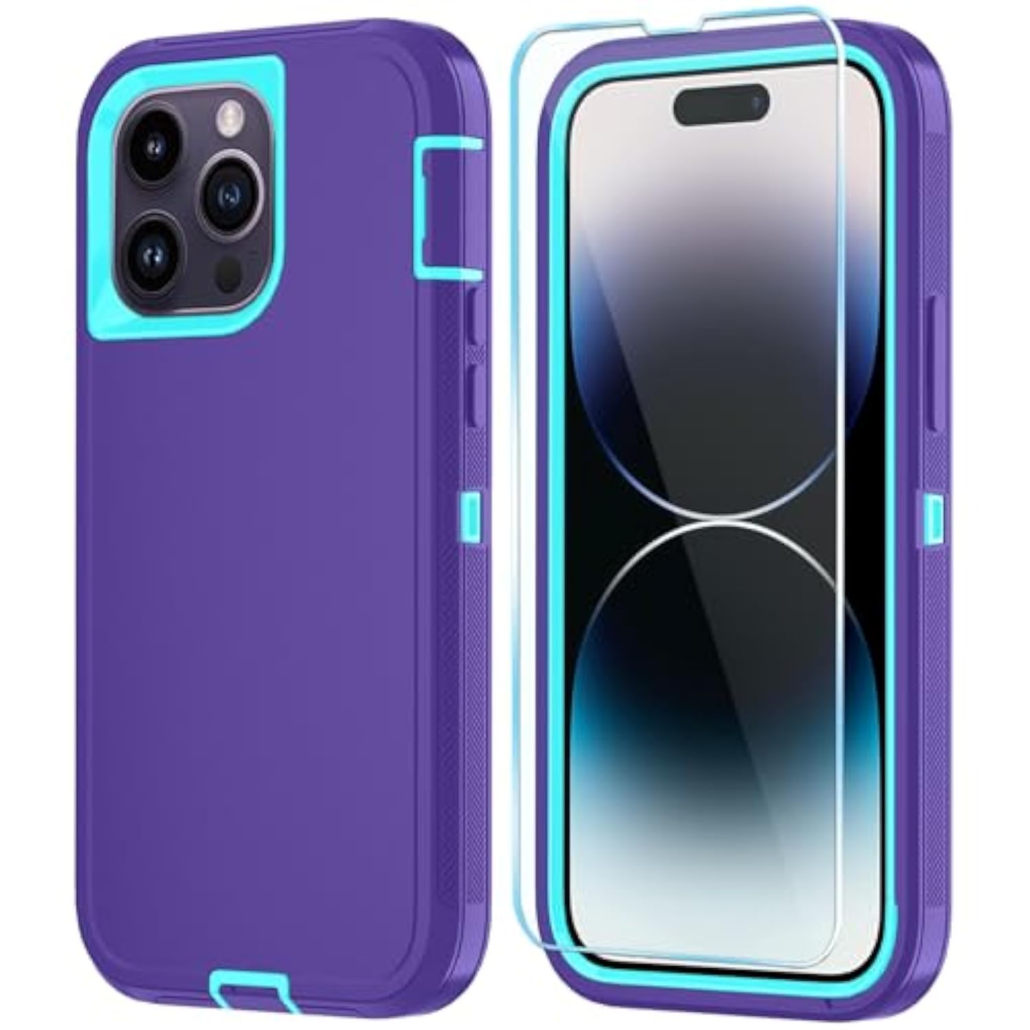 Phone Case For Iphone 14 Pro Max Case With Hd Screen Protector, Heavy Duty Shockproof & Dustproof & Dropproof 3-Layer Cover Phone Case For Iphone 14 Pro Max (6.7'') (Purpleskyblue)