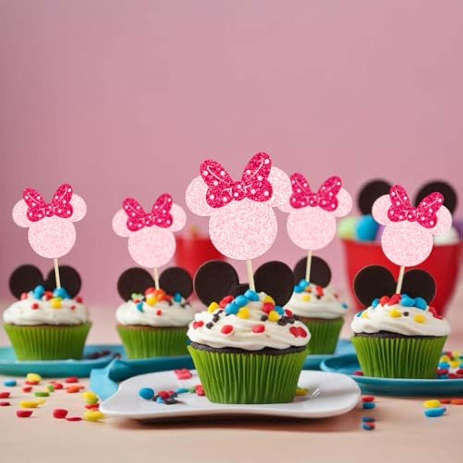 24Pcs Mouse Inspired Cupcake Toppers With Bow Glitter Mouse Cupcake Picks For Baby Shower Wedding Kids Birthday Mouse Themed Party Cake Decorations Pink Rose Red