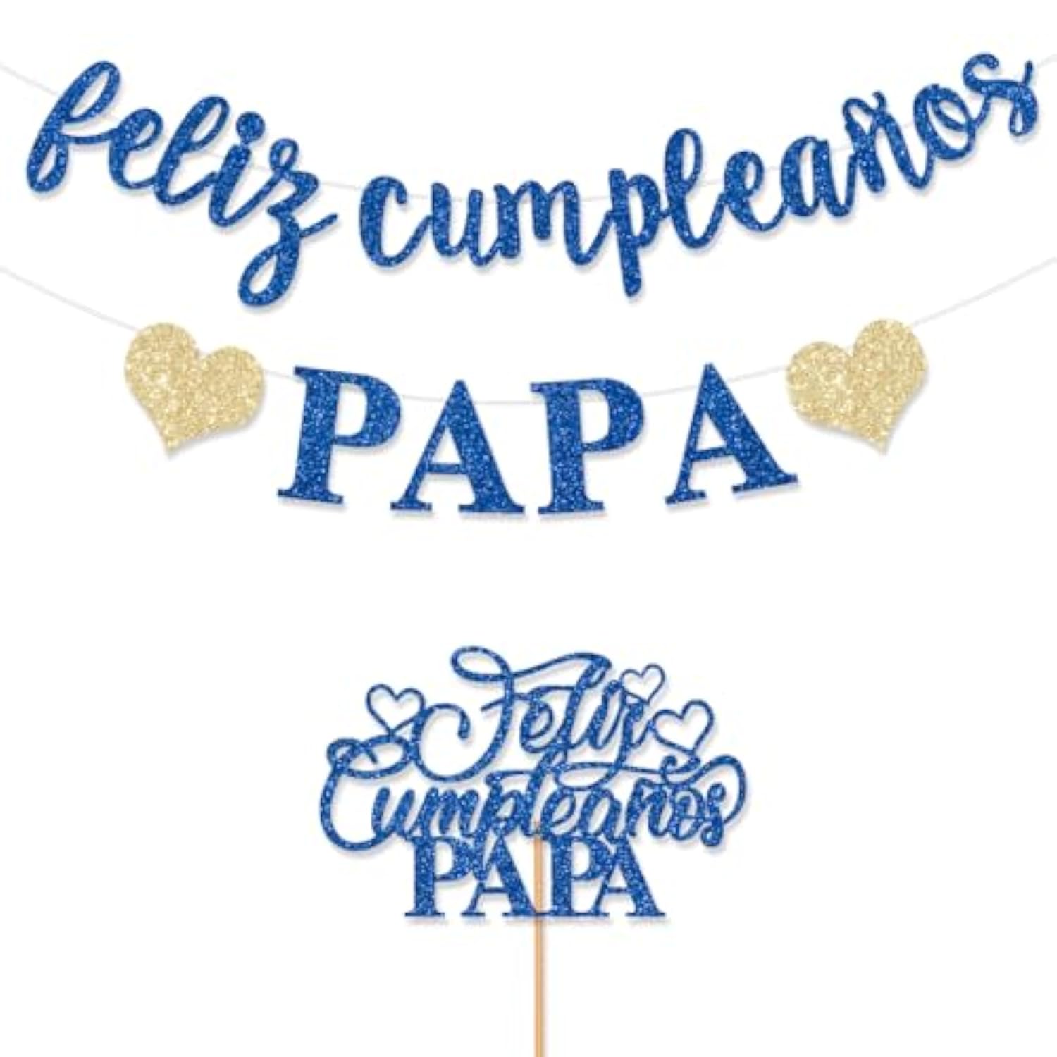 Pre-Strung Feliz Cumpleaños Papa Banner Decorations Blue Glitter Happy Birthday Dad Daddy Cake Topper Spanish Mexican Father'S Day Party Blue Glitter For Home Celebrate No Diy