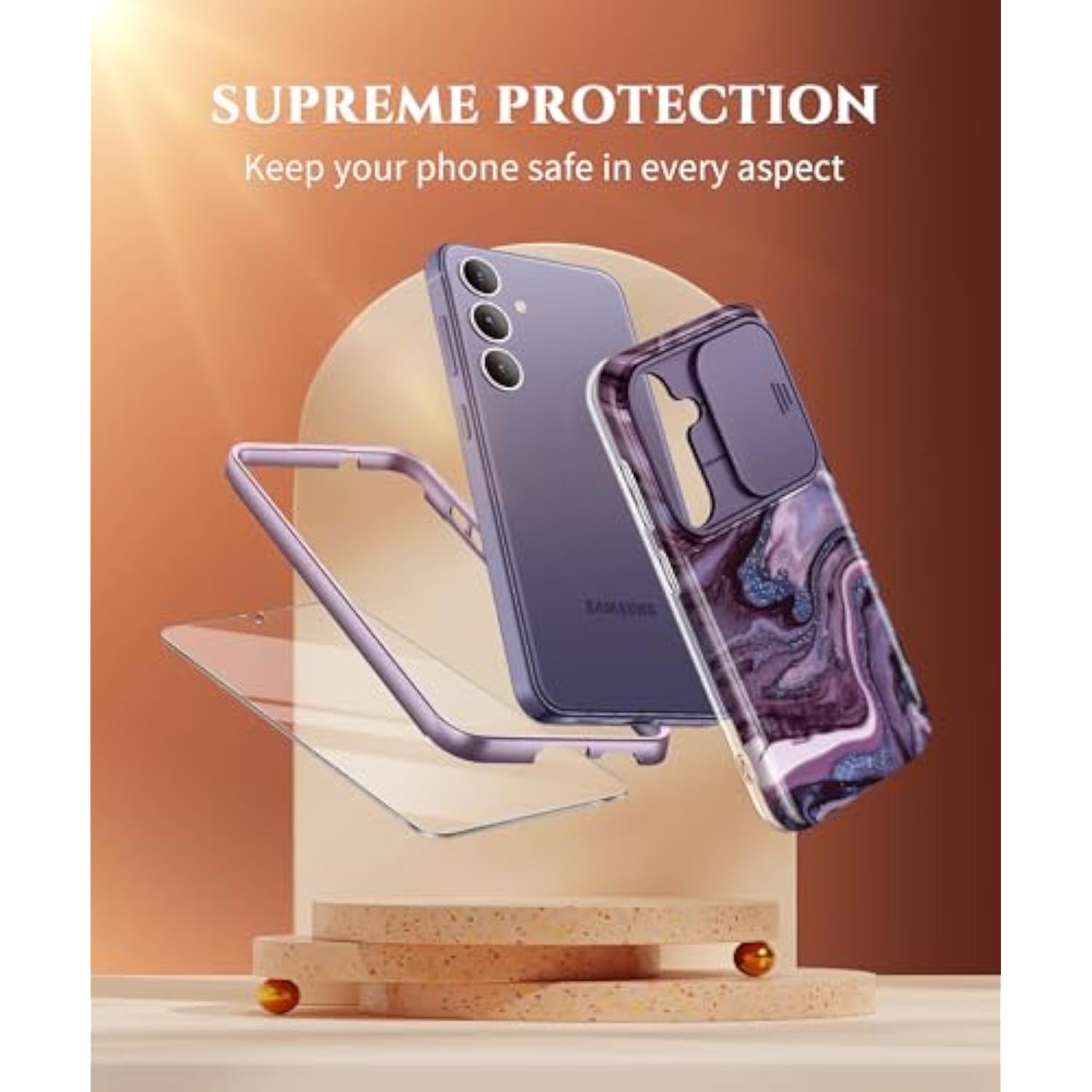 Designed For Samsung Galaxy S24 Plus Case With Slide Camera Cover+Screen Protector,[10Ft Drop Protection]Marble Full Body Shockproof Protective Phone Cover For S24+ Plus 6.7", Quicksand/Purple