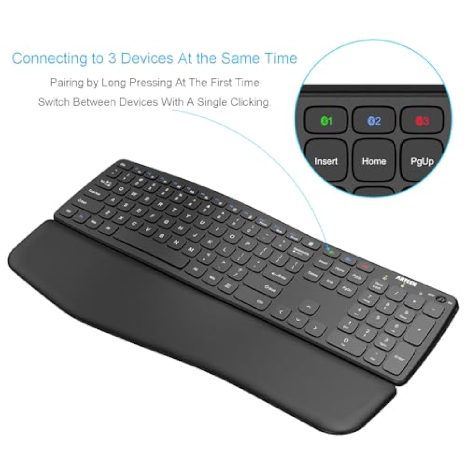 Universal Wave Ergonomic Keyboard With Palm Rest Multi-Device Full Size Wirele