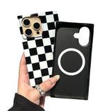 Checkered Strong Magnetic Case For Iphone 16 Pro Max Compatible With Magsafe - Rectangular Checker Checkerboard - Shockproof Protective Phone Cover For Iphone 16 Pro Max Black White