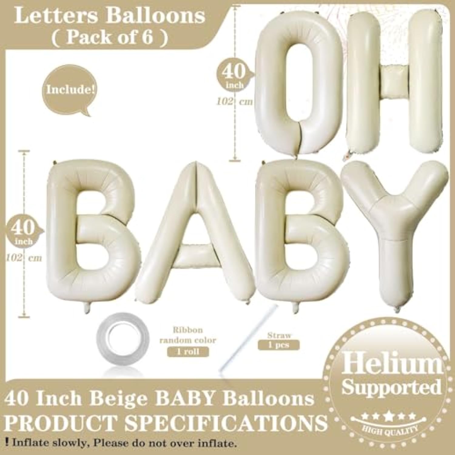 40" Beige “Oh Baby” Balloons — Giant Cream Letter Foils for Baby Shower