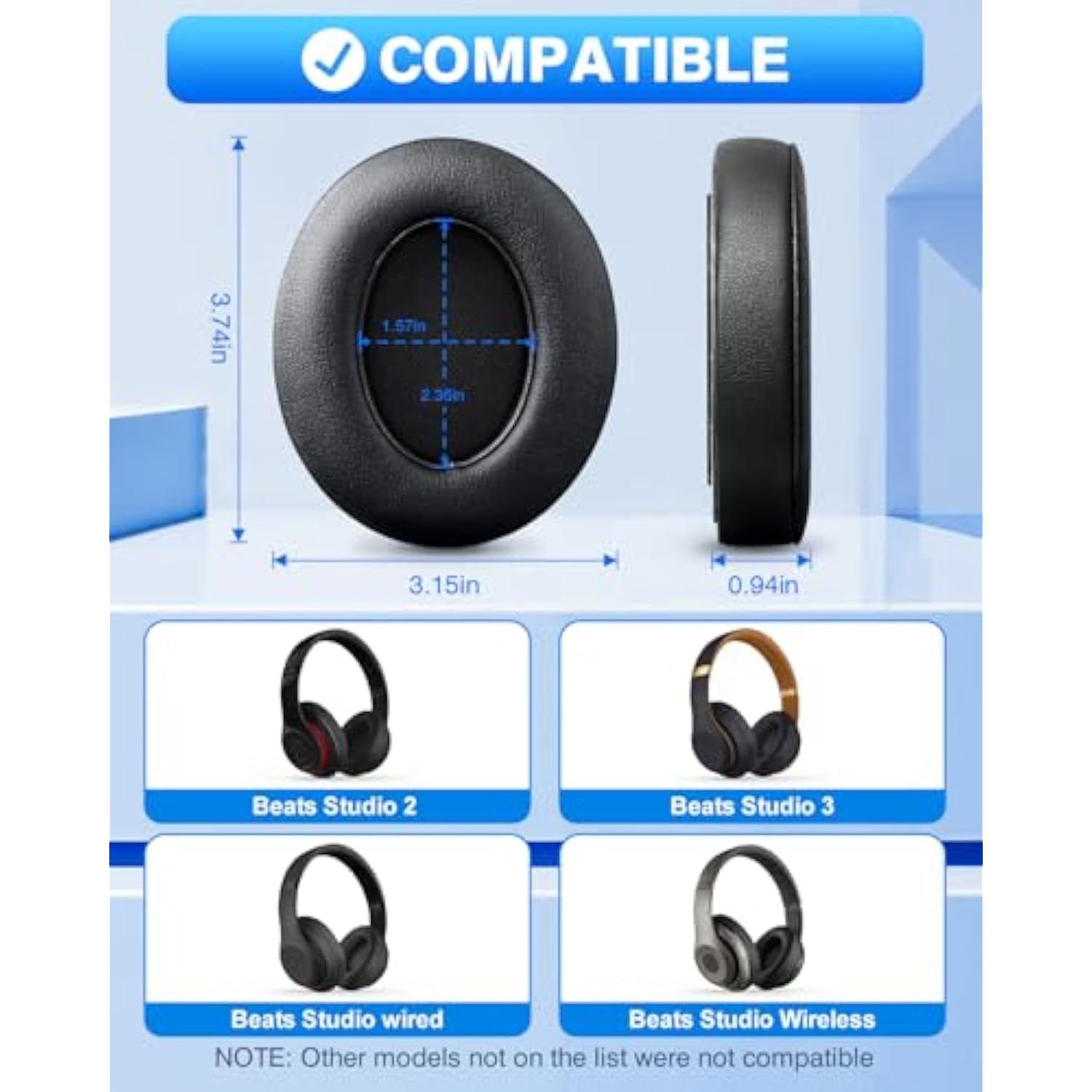 Beats Studio Replacement Earpads For Beats Studio 3 & 2 (B0500/ B0501) 2 Pieces Noise Isolation Comfortable Memory Foam Ear Cushions (Black)