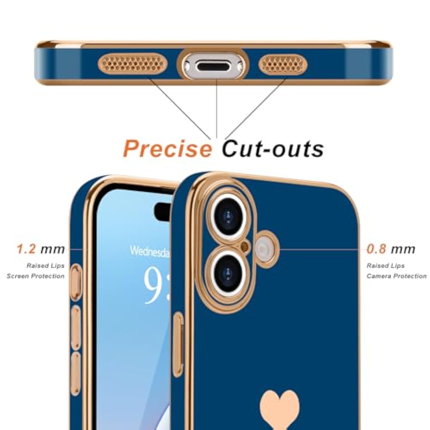 iPhone 16 Case with Screen Protector [2 Pack], Cute Love-Heart Gold Shockproof Case