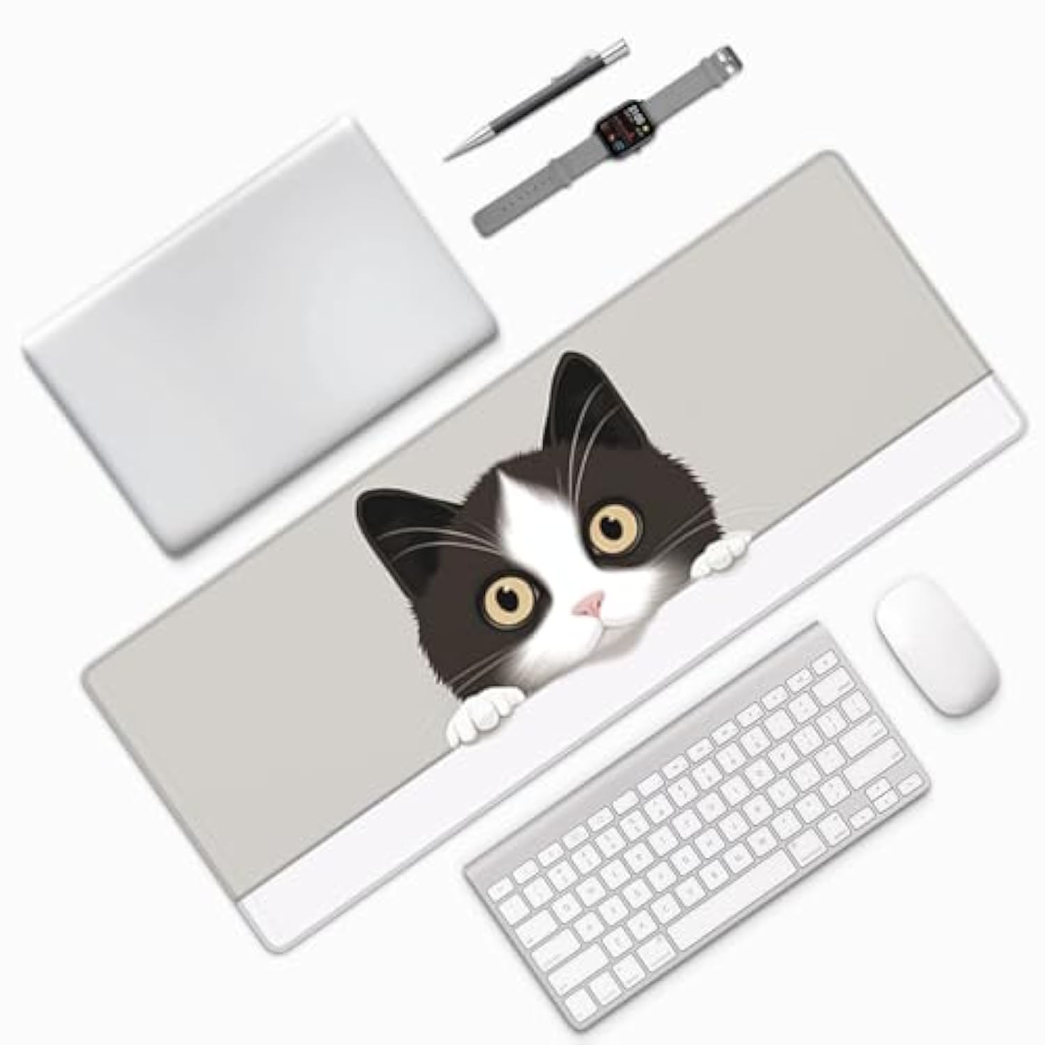 Laptop Mouse Pad Curious Cute Cat Desk Mat With Stitched Edges 31.5X 11.8 Inch Non-Slip Large Keyboard Rubber Writing Table Mat For Office Home