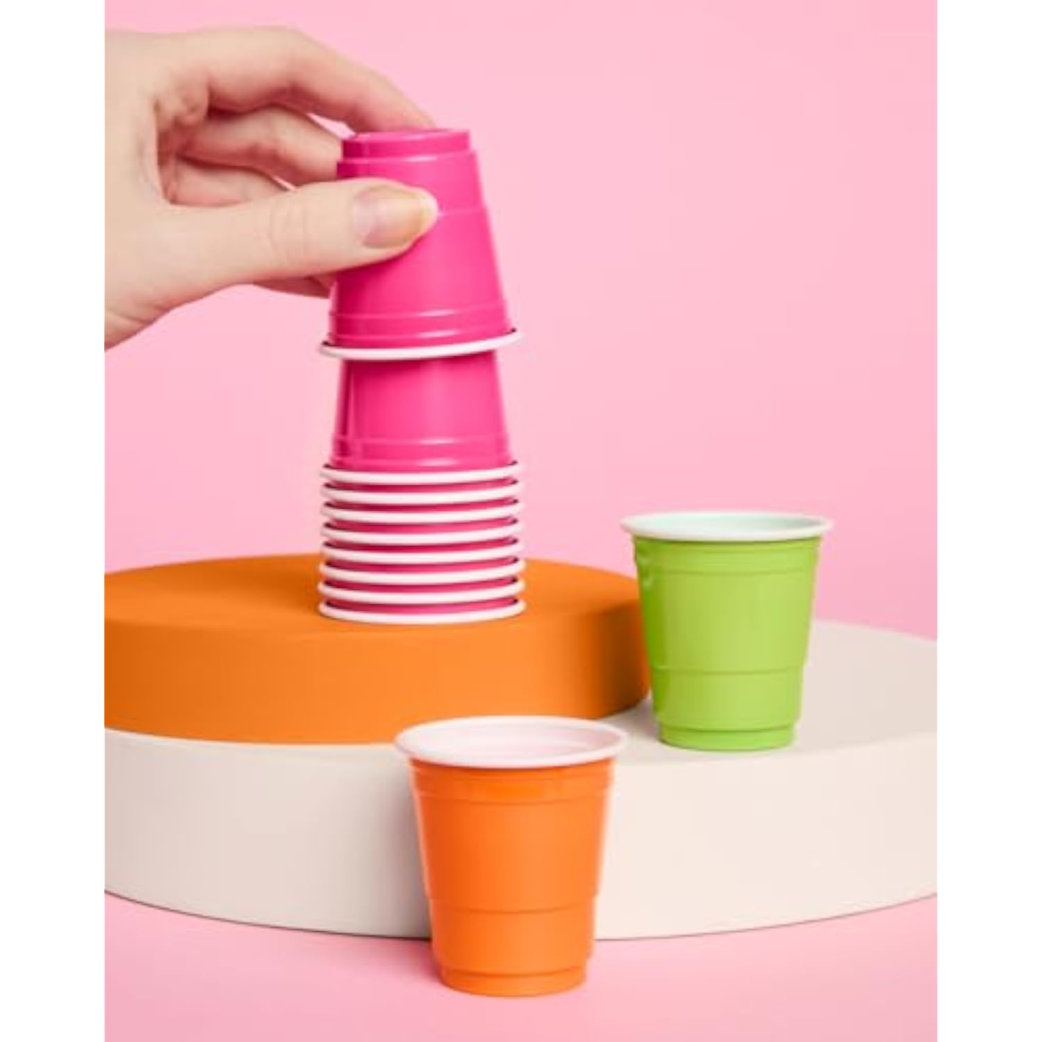Pink, Orange + Green Plastic Shot Glasses - 50 Disposable 2 Oz Cups | Final Fiesta Bachelorette Decorations, Rave Birthday Party Favors, Cinco De Mayo Neon Drinkware, Groovy Baby Shower