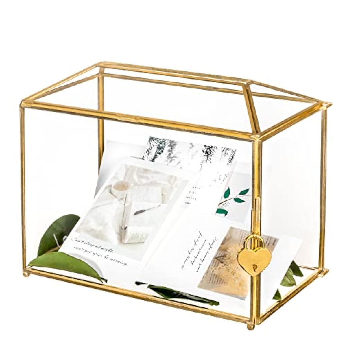 Small 10.2" X 5.9" X 7.9" Glass Cards Box With Slot And Lock For Wedding Reception - Home Birthdays Party Geometric Decorative, Gold - Slot Length 6.3 Inches (Glass Box Only)