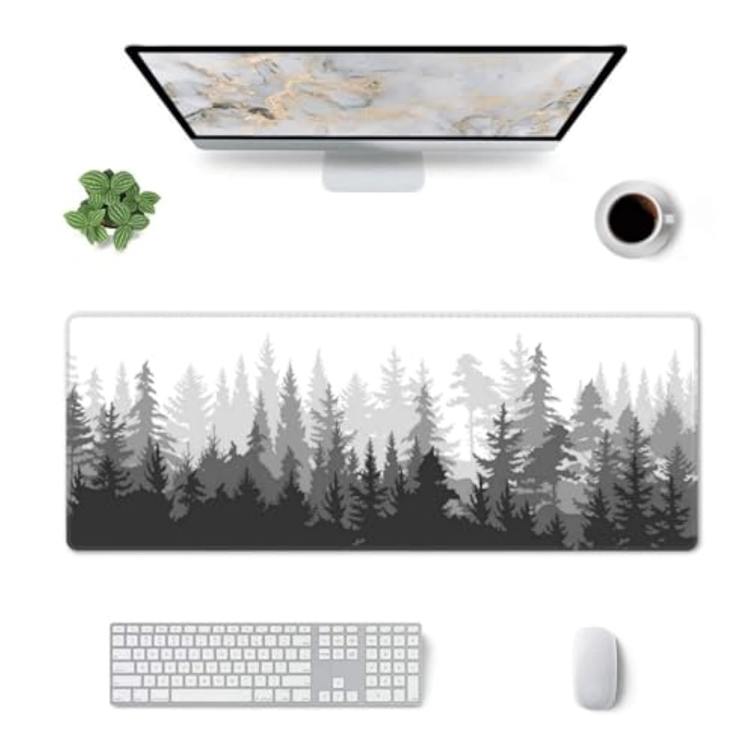 Black And White Gaming Mouse Pad Xl Misty Forest Large Desk Mat Non Slip Rubber Extra Mousepad With Stitched Edges Long Extended Keyboard Pads For Computer Laptop Office Home 31.5'' X 11.8''