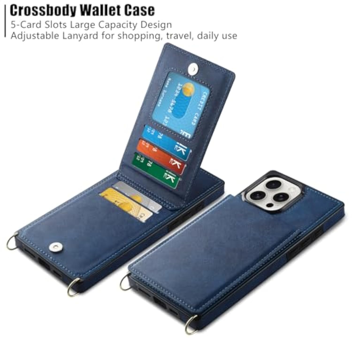 For Iphone 16 Pro Max Case With Card Holder Crossbody Lanyard Strap Leather Wallet Case With Magnetic Clasp Kickstand Heavy Duty Protective Flip Cover For Iphone 16 Pro Max For Women, Navy