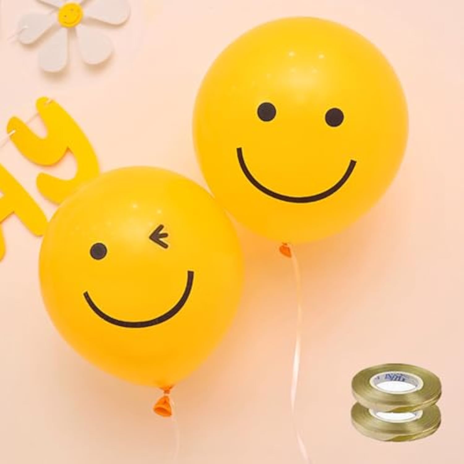 120Pcs 10Inch + Ribbon 66Ft /Smiley Face Balloons/Smiley Face Birthday Decorations