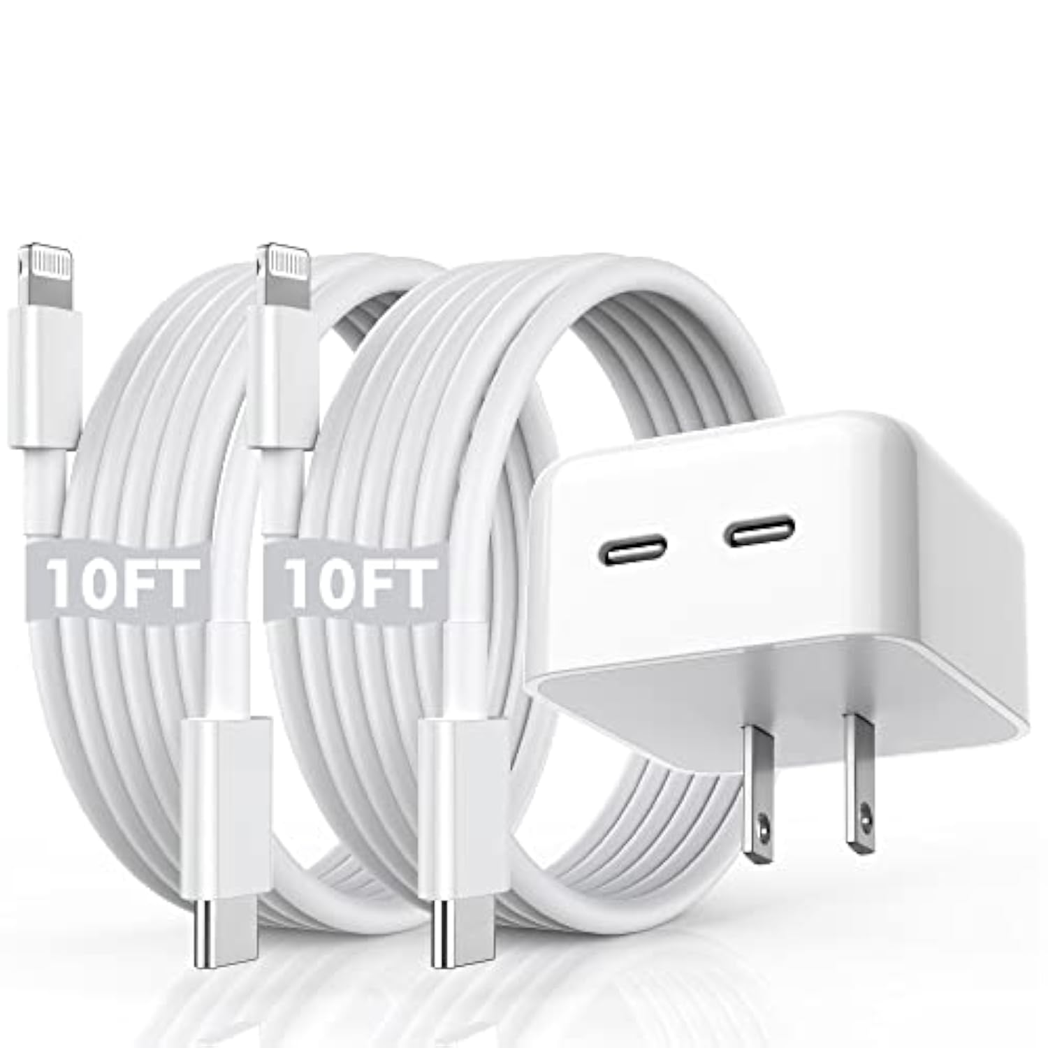 Iphone Fast Charger, 40W Dual Usb-C Quick Wall Charger 10Ft Charging 2Pack 10Ft Extra Long Lightning Cable+Double Port Foldable Usbc Iphone Charger Fast Charging For Iphone 14/13/12/11/Xr/Xs/Se/Ipad