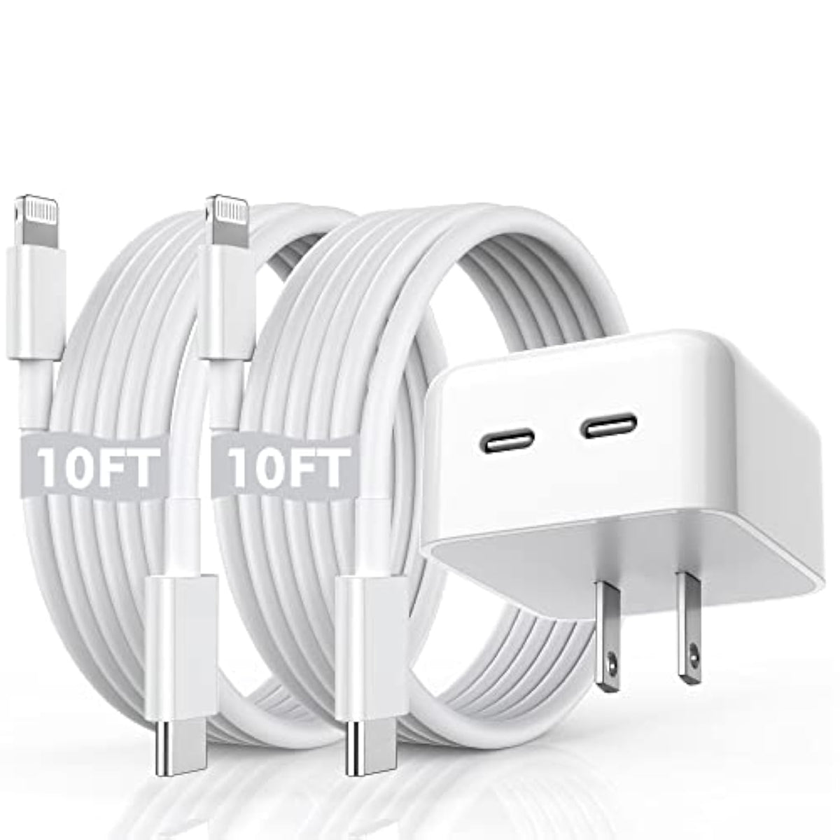 Iphone Fast Charger, 40W Dual Usb-C Quick Wall Charger 10Ft Charging 2Pack 10Ft Extra Long Lightning Cable+Double Port Foldable Usbc Iphone Charger Fast Charging For Iphone 14/13/12/11/Xr/Xs/Se/Ipad