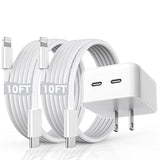 Iphone Fast Charger, 40W Dual Usb-C Quick Wall Charger 10Ft Charging 2Pack 10Ft Extra Long Lightning Cable+Double Port Foldable Usbc Iphone Charger Fast Charging For Iphone 14/13/12/11/Xr/Xs/Se/Ipad