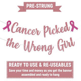 Cancer Picked the Wrong Girl Banner - Cancer Free Decor,Peace Out Chemo Breast Cancer Awareness Party Decorations Rose Gold Glitter
