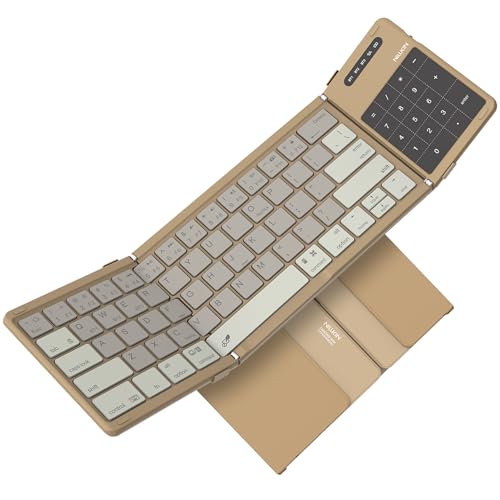 Foldable Travel Keyboard With Touchpad & Number Pad, Bluetooth Wireless Portable Folding Full Size Keyboard With Trackpad For Pc Laptop Ipad Tablets Smartphone, Silicone Leather Cover, Khaki