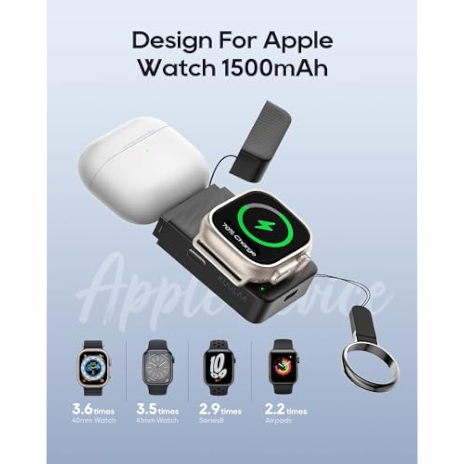 Portable Apple Watch Charger 1500 Mah, Pocket Size Wireless Magnetic Power Bank With Built-In Lightning Cable, Travel Keychain Battery Pack For Apple Watch 9 /Ultra2 /8 /Ultra /7/6/Se/5/4/3 Iphone