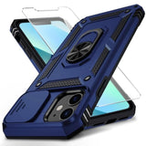 Navy Blue iPhone 12 Mini Case with Slide Lens Cover and Rotated Ring Holder Kickstand