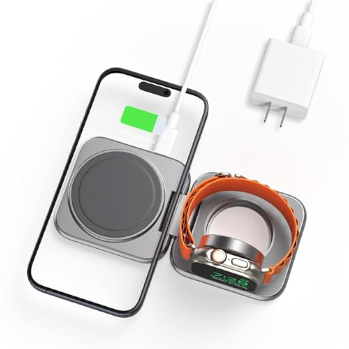 Foldable 2 In 1 Magnetic Charging Station For Apple, Aluminum Alloy Wireless Travel Charger Stand Compatible With Iphone15/14/13Pro/Max, 5W Fast Charging For Iwatch Ultra, Airpods3/2/Pro-Sliver