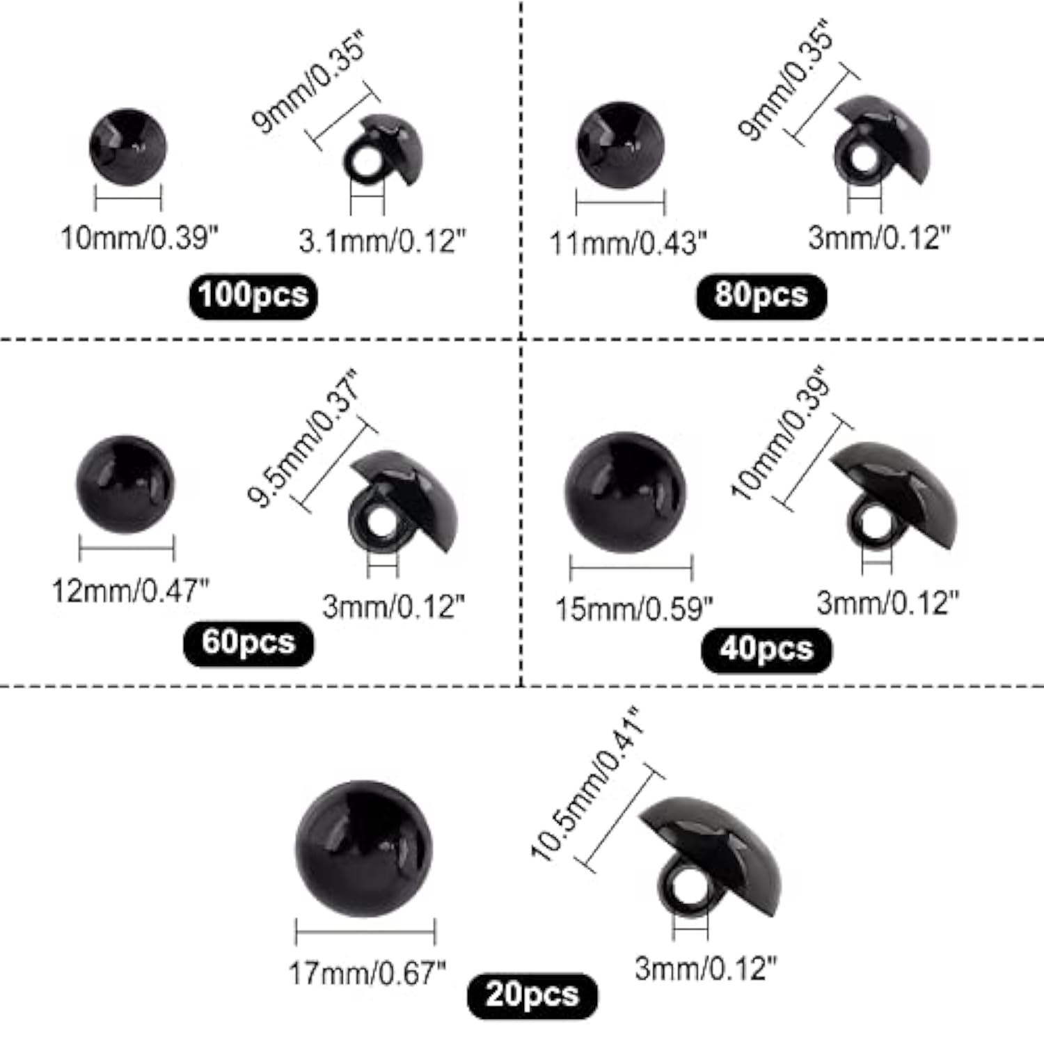 300Pcs Black Crafts Eyes, 5 Sizes Animal Eyes Round Domed Buttons Blac