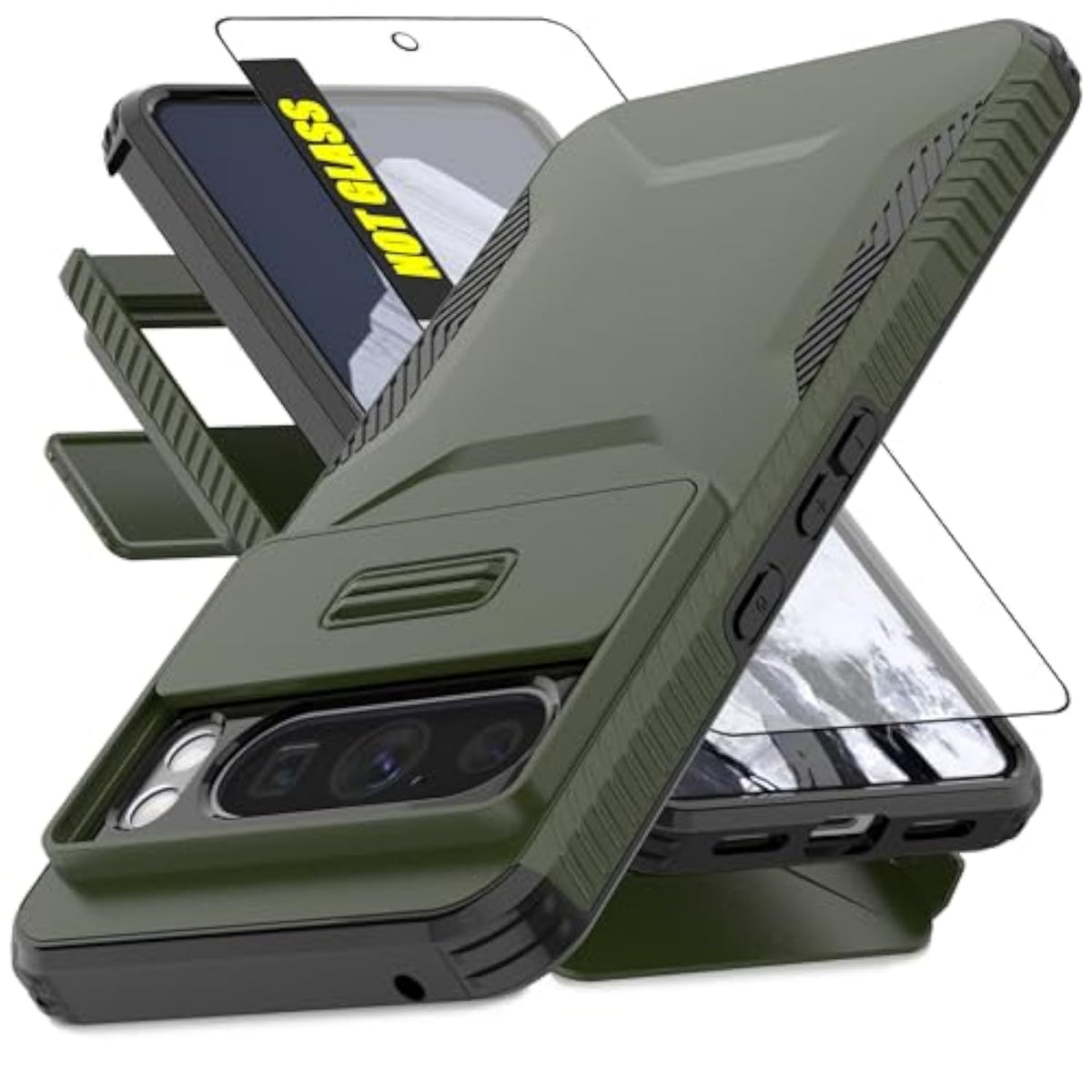 Heavy Duty Rugged Shockproof Protective Case for Google Pixel 8 Pro (Pine Green) - 2 in 1 Built-in Slide Camera Cover & Screen Protector