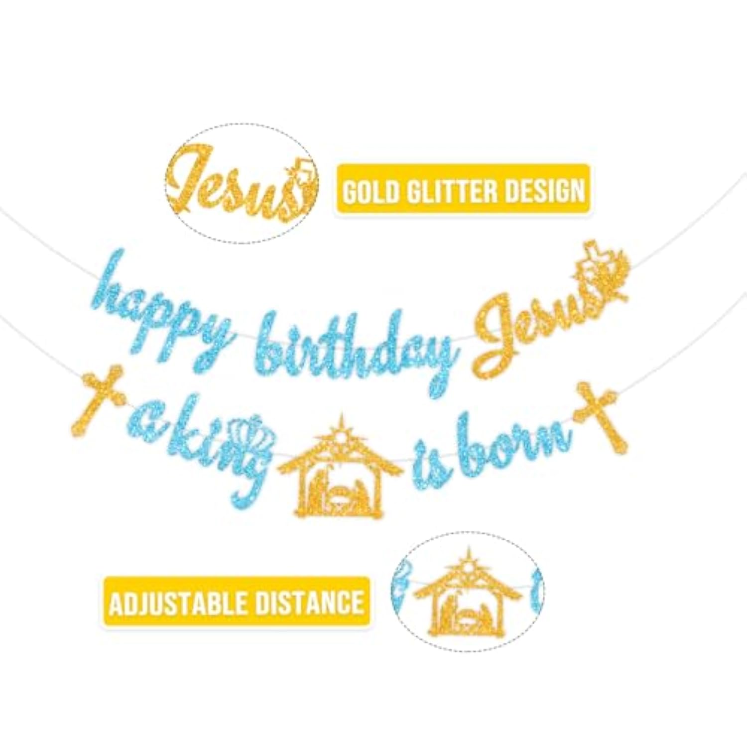 Glitter Happy Birthday Jesus Banner A King Is Born Bunting Banner,Holy Nativity Christian Christmas Jesus Birthday Party Decorations