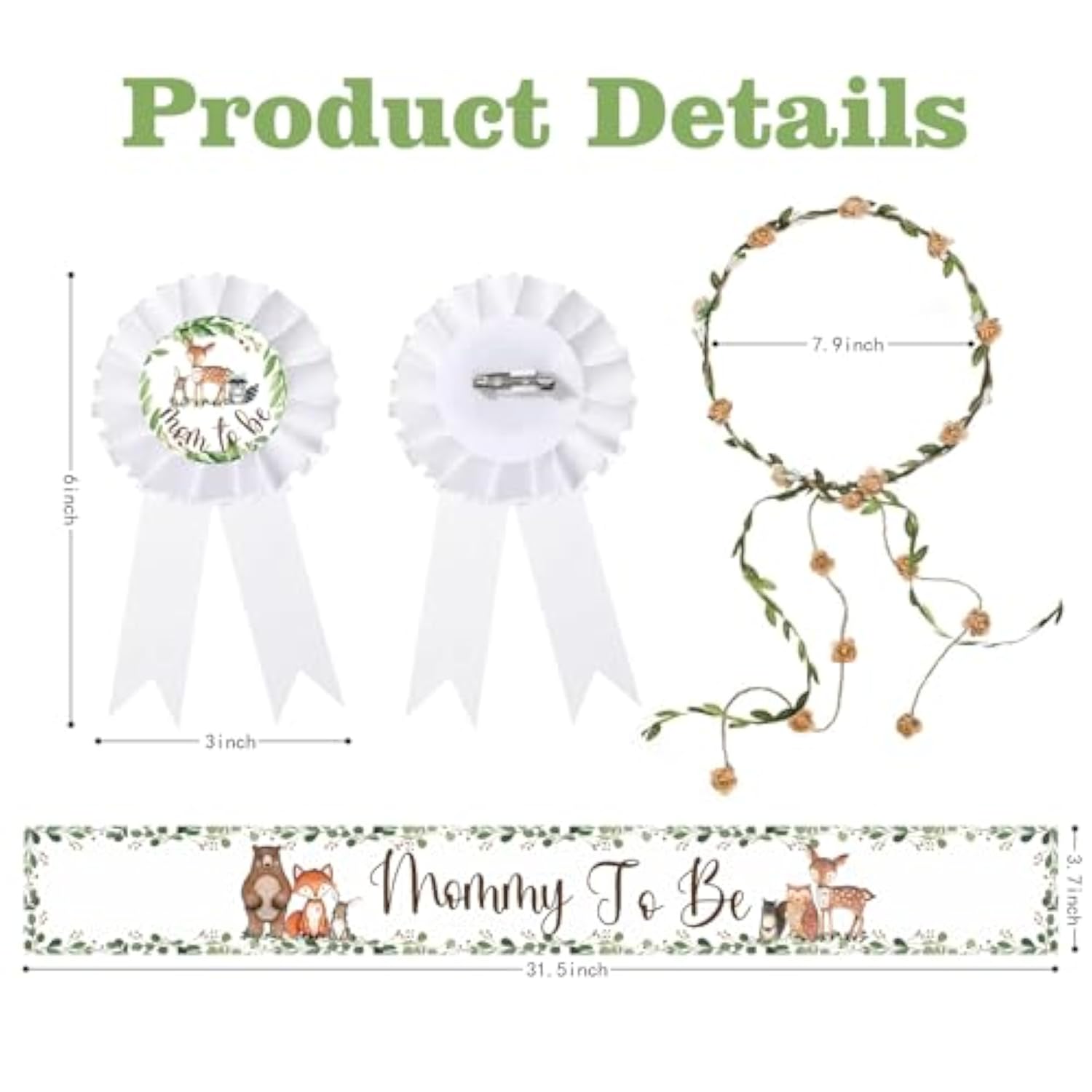 Woodland Animal Theme Mom To Be Sash For Baby Shower Decorations, Dad To Be Pin And Flower Crown Headband Cute Satin Baby Shower Sash For Gender Reveal, Party Favors, Pregnancy Props Keepsake