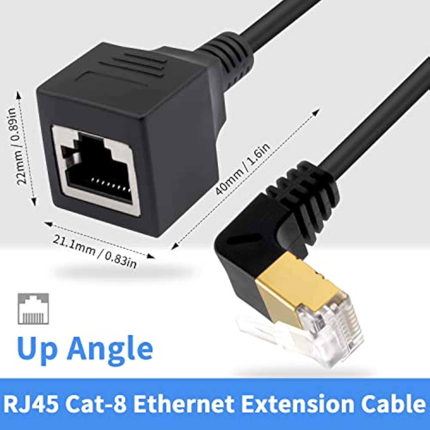Cat8 Ethernet Extension Cable, Extreme Thin Up Angled Rj45 Male To Female Netw