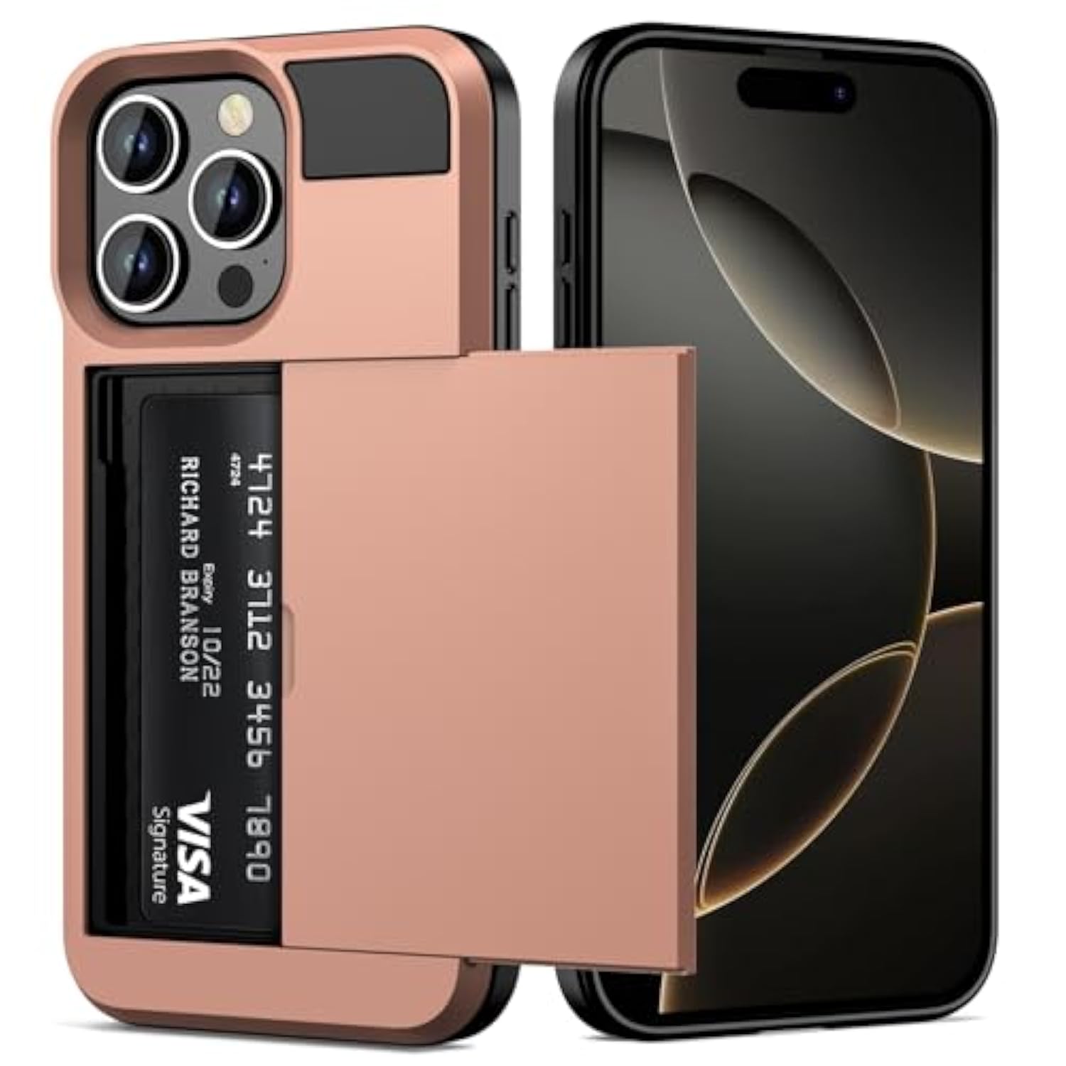 Compatible With Iphone 16 Pro Case With Card Holder Dual Layer Heavy Duty Drop Protection Hidden Sliding Card Slot Slim Wallet Phone Case For Iphone 16 Pro For Women Men, 6.3 Inch Rose Gold